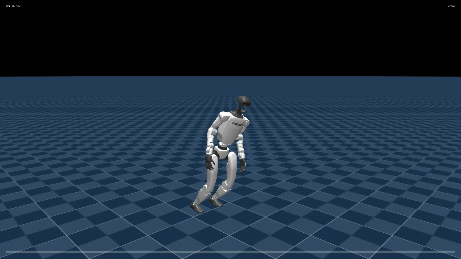 The G1 robot mid-training, partially upright and stepping awkwardly