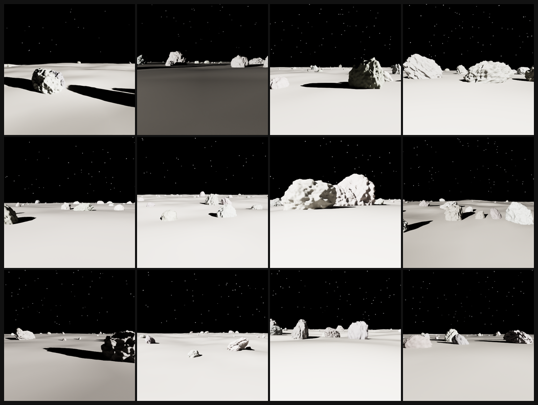 Contact sheet of 12 domain-randomized training frames on the realistic basalt rocks — varying sun angle, surface albedo, rock count and scale, and camera height across the set
