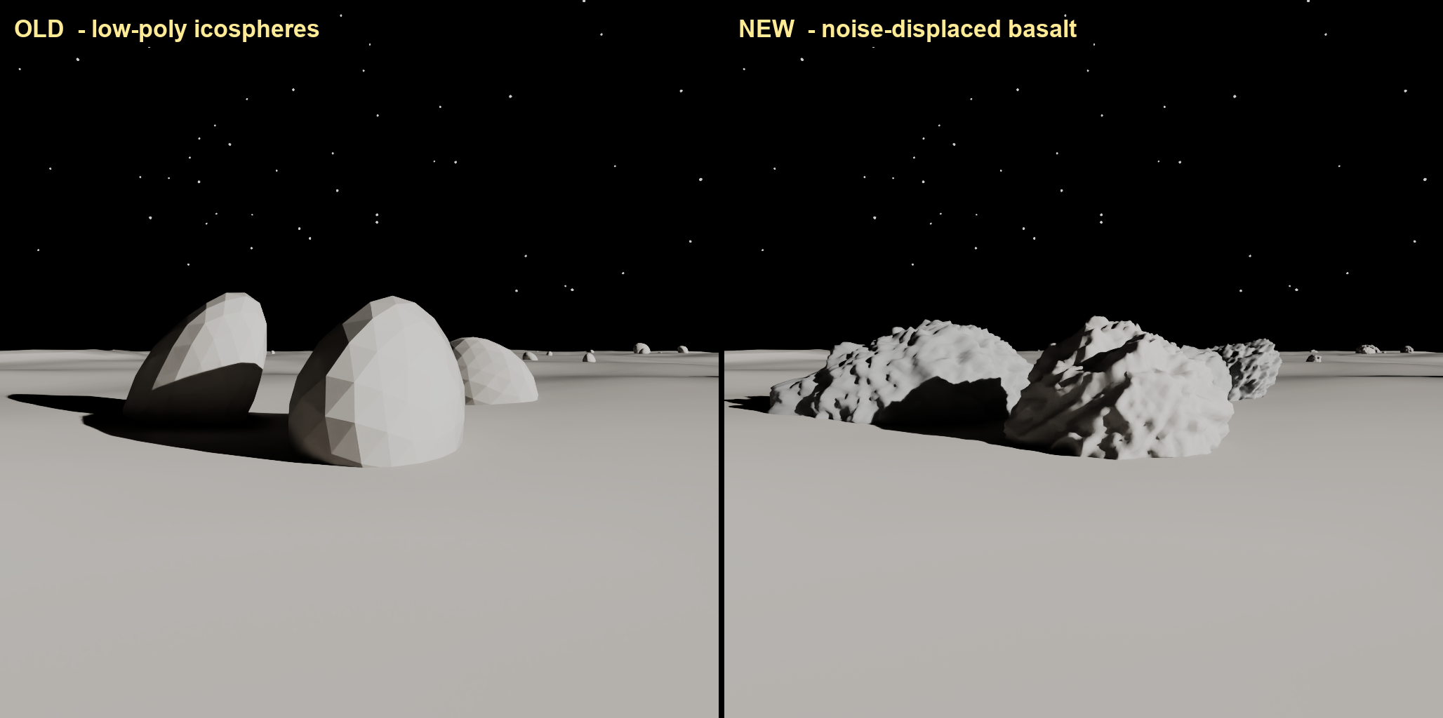Side-by-side comparison of the old and new rock geometry. Left, labeled "OLD — low-poly icospheres": smooth, faceted, egg-shaped gray blobs sitting on the regolith. Right, labeled "NEW — noise-displaced basalt": rough, irregular, pitted boulders with angular creases and eroded surfaces, clustered on the same ground