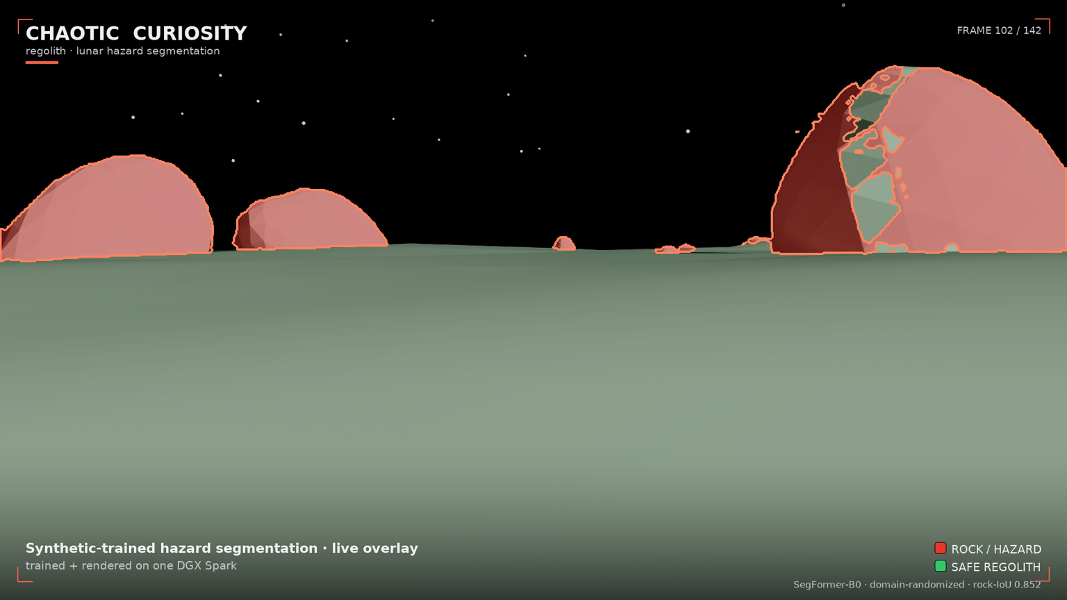 Hero still — mid-approach, foreground boulders now filling a significant portion of the frame, dense red detection overlay, green regolith floor visible between rocks