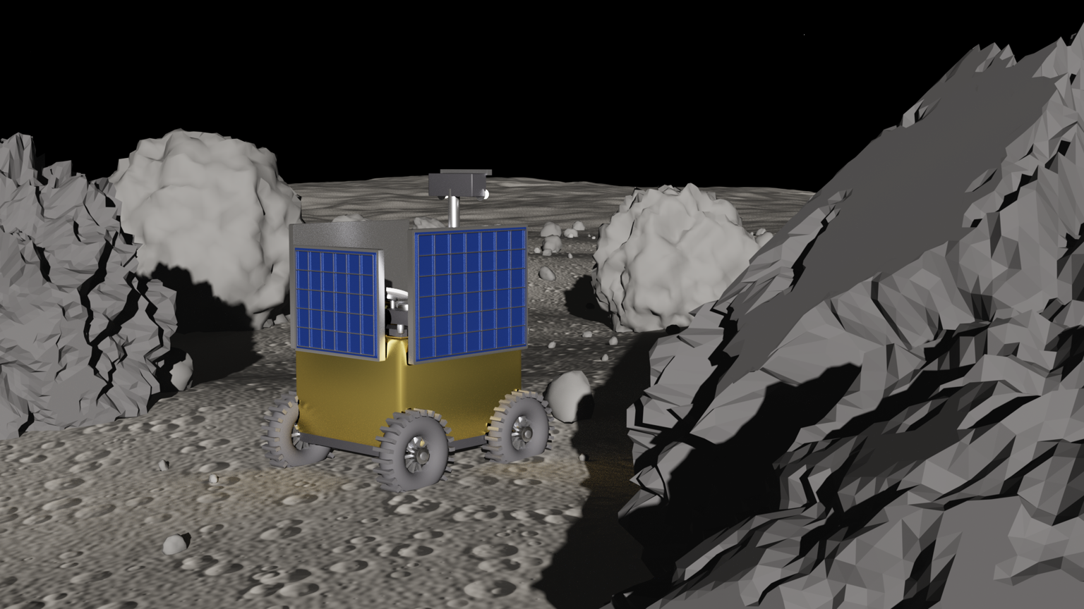 Path-traced beauty plate — the VIPER rover (gold chassis, blue solar panels, mast camera) parked on a heavily cratered dark-gray regolith floor, flanked by large angular boulders and rounded basalt masses, harsh single-source sun casting long hard shadows against a black sky. No overlay — the raw v3 scene