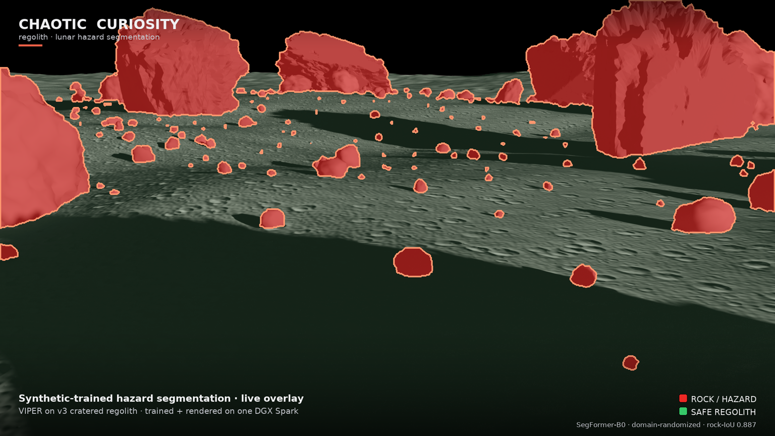 Path-traced forward plate with the live dr_1500 overlay — crisp ray-traced basalt boulders segmented as solid red rock masses with outlined edges, set on a dark, densely cratered, rough regolith floor that carries only the faint green safe-regolith tint; the rough ground that flooded v2 with false rock is left correctly un-flooded
