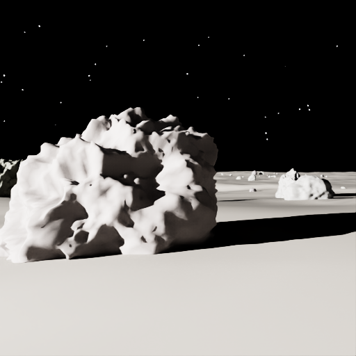 RGB render of the lunar stage — a large rough basalt boulder in the near field, smaller rocks scattered toward the horizon, harsh low sun casting long shadows, near-black starfield sky