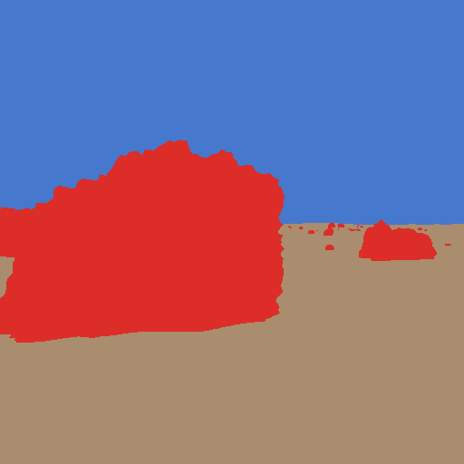 3-class segmentation mask — tan regolith, red rock (the large near-field boulder plus a smaller cluster at right), blue sky
